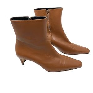 STAUD | Brown Heeled Boots Wally Ankle Leather Bootie Square Toe